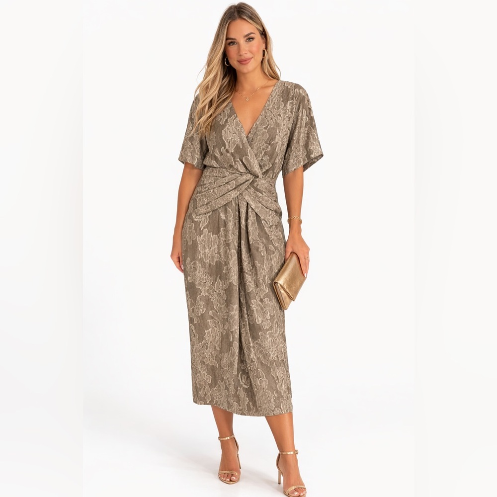 Zara Knot-Front Midi Dress in Taupe Floral